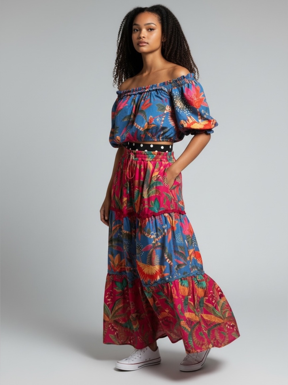 Boho Tiered Floral Maxi Skirt in Blue and Magenta